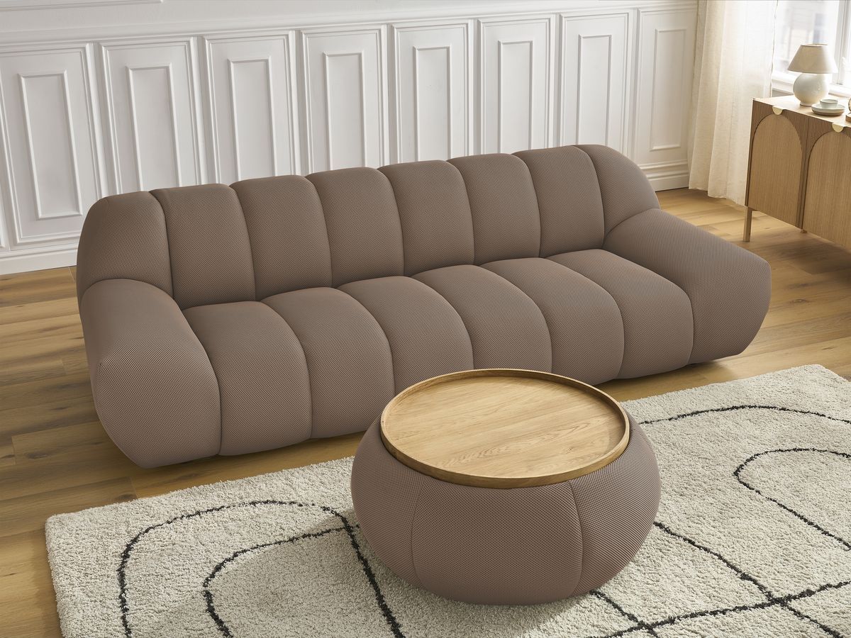 Canapé droit fixe 3 places HAYDEN tissu mesh avec pouf grand avec plateau