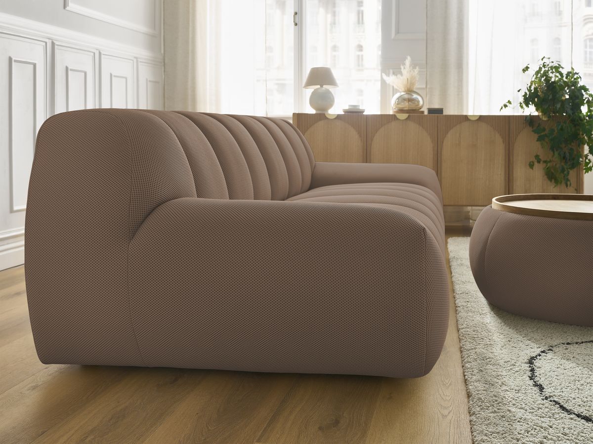 Canapé droit fixe 3 places HAYDEN tissu mesh avec pouf grand avec plateau