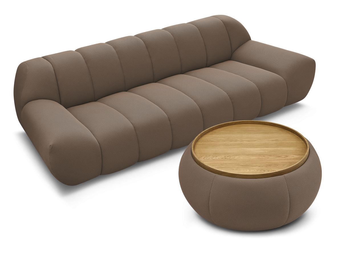 Canapé droit fixe 3 places HAYDEN tissu mesh avec pouf grand avec plateau