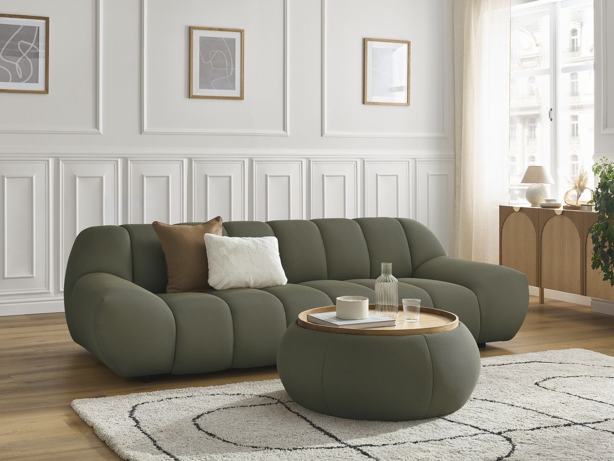 Canapé droit fixe 3 places HAYDEN tissu mesh avec pouf grand avec plateau