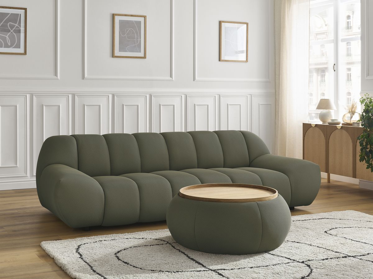 Canapé droit fixe 3 places HAYDEN tissu mesh avec pouf grand avec plateau