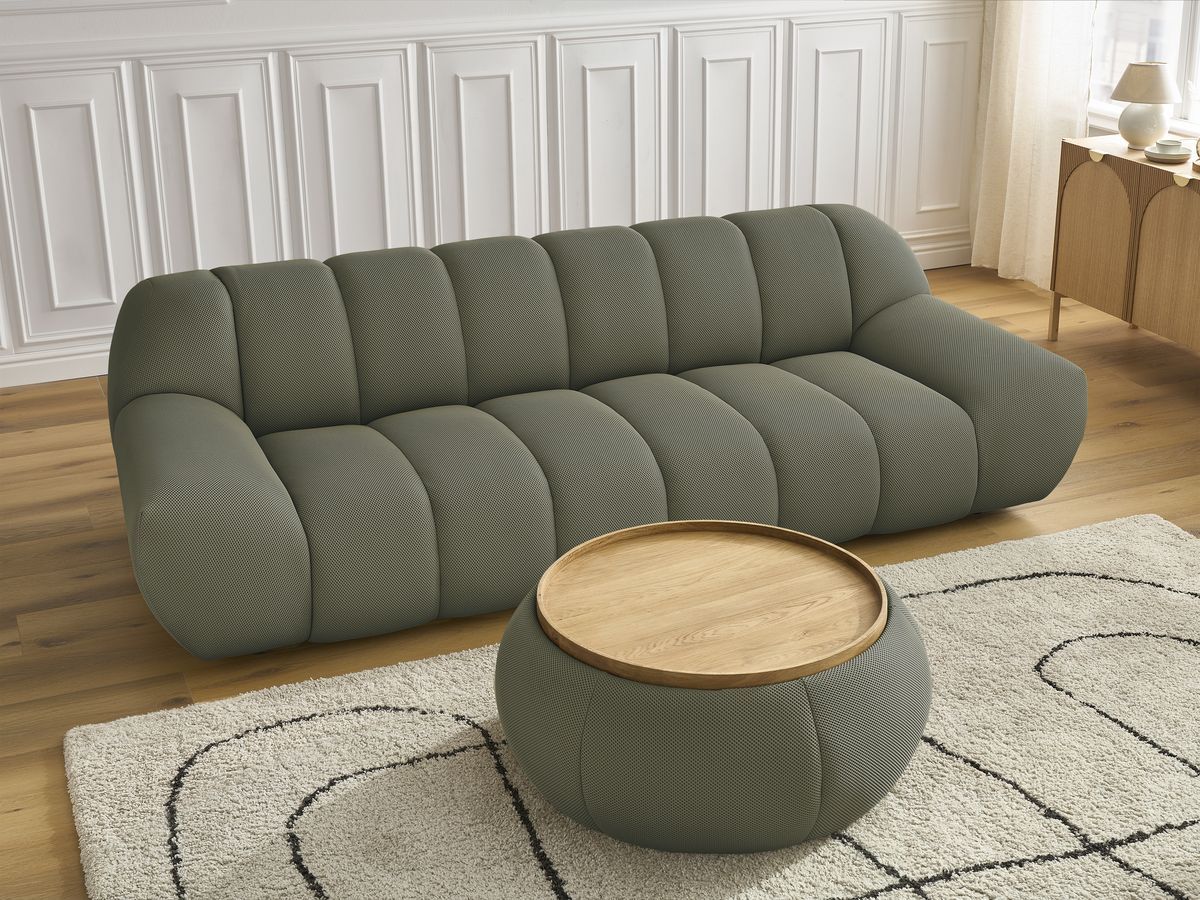 Canapé droit fixe 3 places HAYDEN tissu mesh avec pouf grand avec plateau