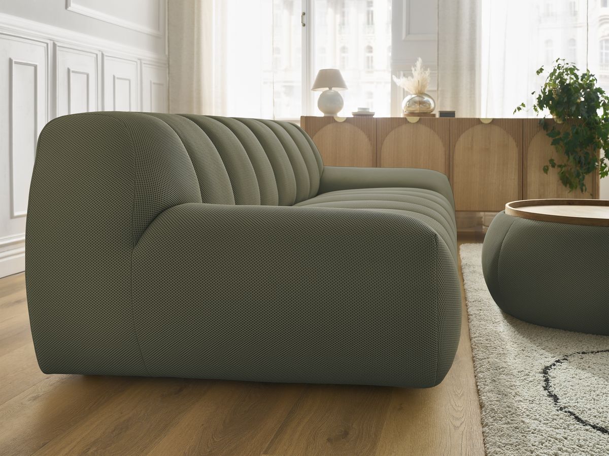 Canapé droit fixe 3 places HAYDEN tissu mesh avec pouf grand avec plateau