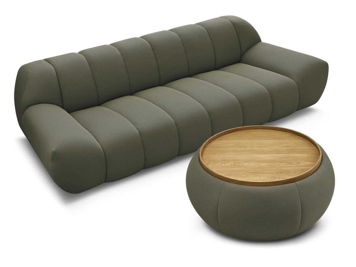 Canapé droit fixe 3 places HAYDEN tissu mesh avec pouf grand avec plateau