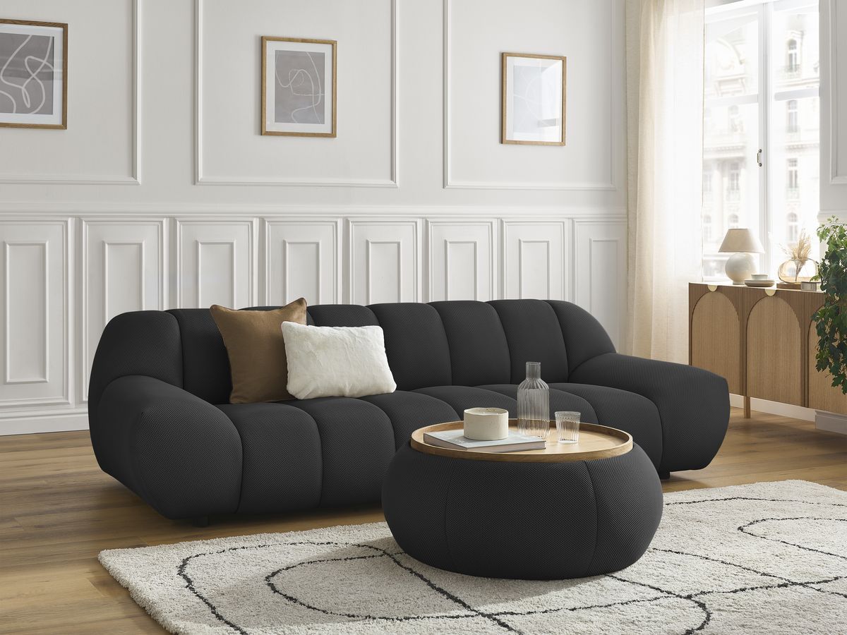 Canapé droit fixe 3 places HAYDEN tissu mesh avec pouf grand avec plateau