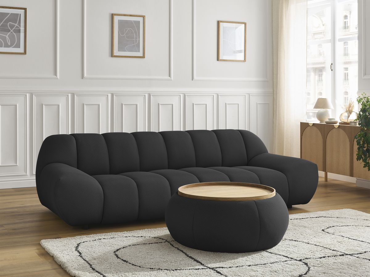 Canapé droit fixe 3 places HAYDEN tissu mesh avec pouf grand avec plateau