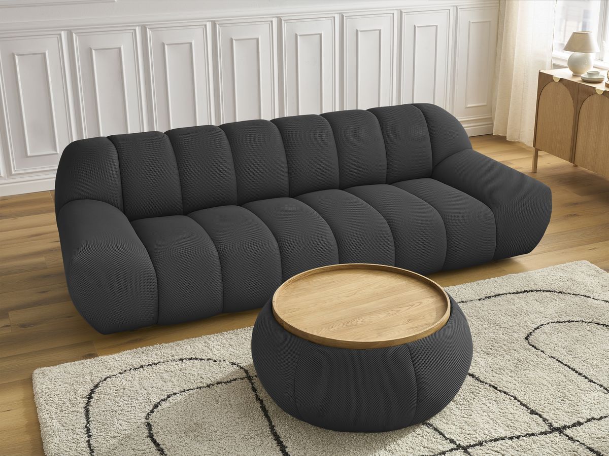 Canapé droit fixe 3 places HAYDEN tissu mesh avec pouf grand avec plateau