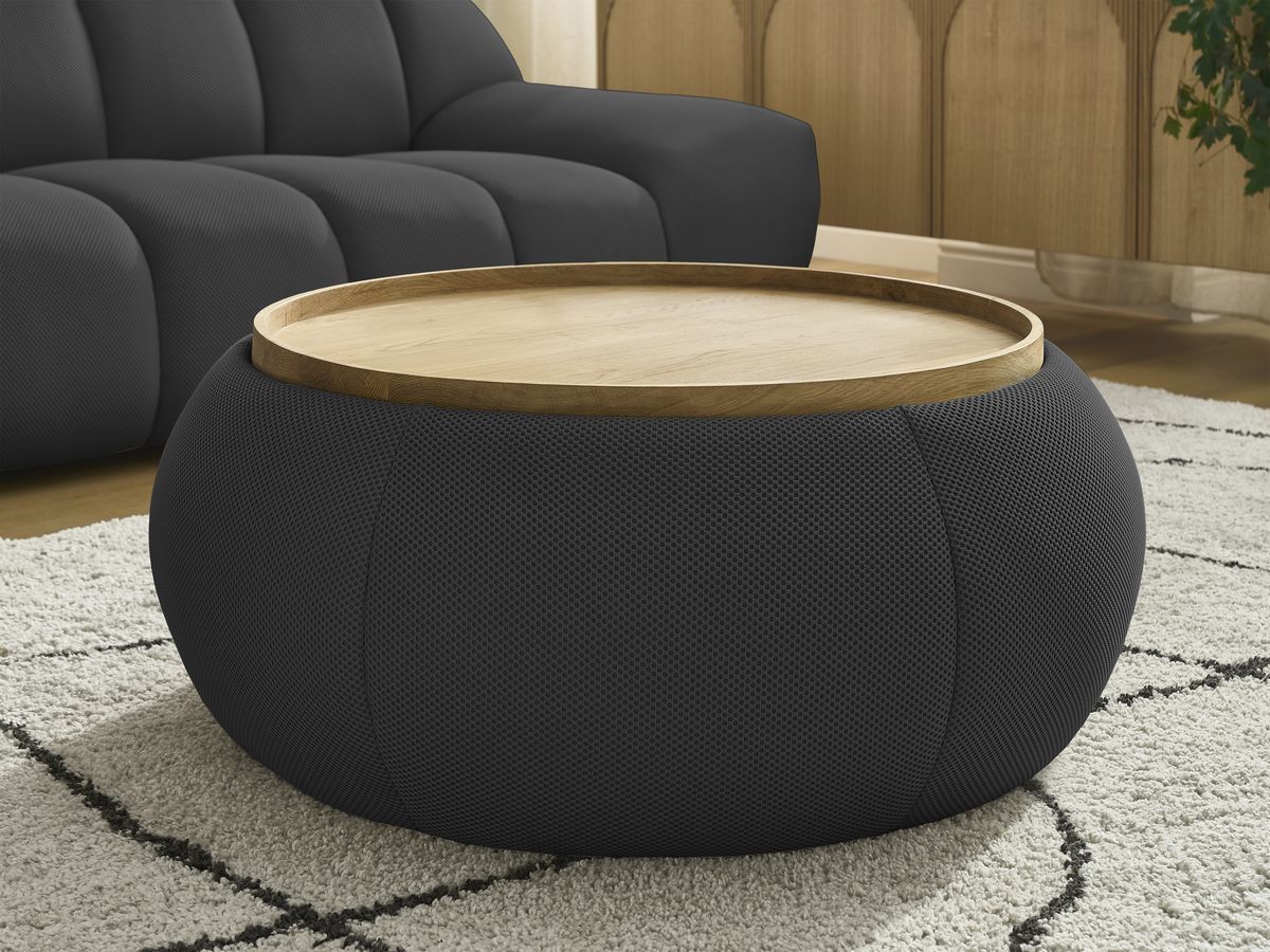 Canapé droit fixe 3 places HAYDEN tissu mesh avec pouf grand avec plateau