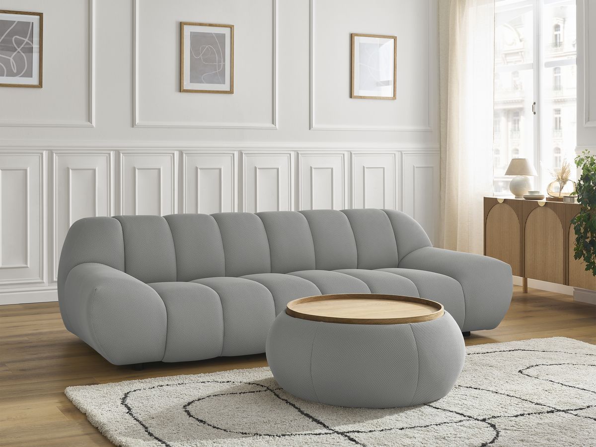 Canapé droit fixe 3 places HAYDEN tissu mesh avec pouf grand avec plateau