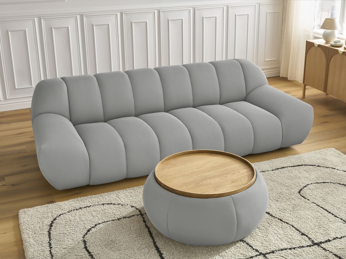Canapé droit fixe 3 places HAYDEN tissu mesh avec pouf grand avec plateau
