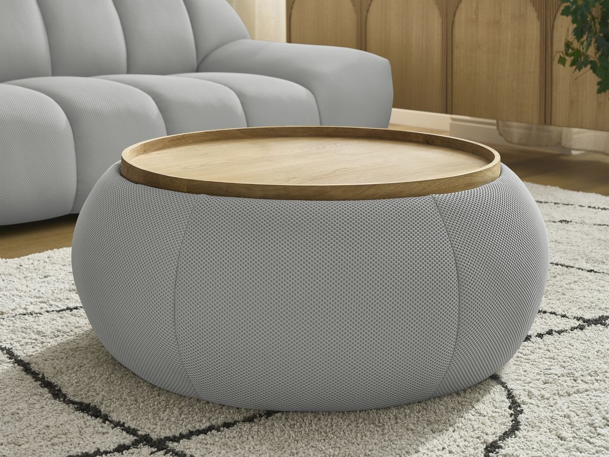 Canapé droit fixe 3 places HAYDEN tissu mesh avec pouf grand avec plateau