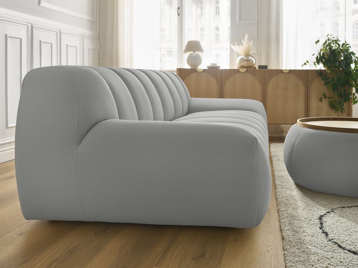 Canapé droit fixe 3 places HAYDEN tissu mesh avec pouf grand avec plateau