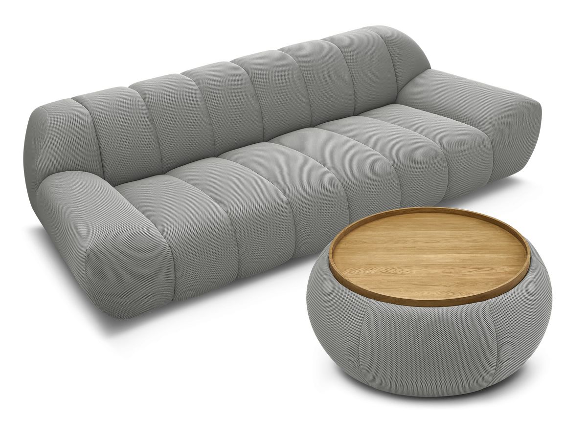 Canapé droit fixe 3 places HAYDEN tissu mesh avec pouf grand avec plateau