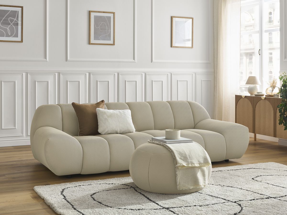 Canapé droit fixe 3 places HAYDEN tissu mesh avec pouf grand