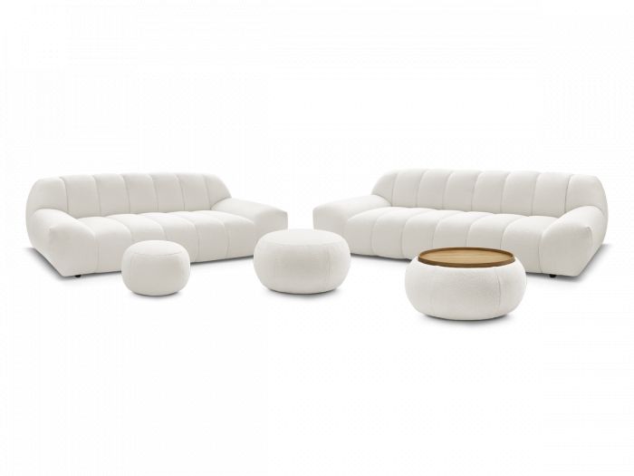 Ensemble canapé droit fixe 3 + 2 places tissu bouclette avec 1 pouf grand avec plateau, 1 pouf grand et 1 pouf petit