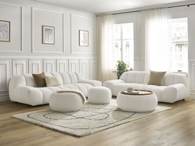 Ensemble canapé droit fixe 3 + 2 places HAYDEN tissu bouclette avec 1 pouf grand avec plateau, 1 pouf grand et 1 pouf petit