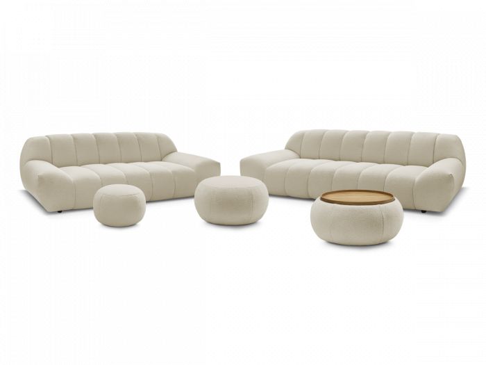 Ensemble canapé droit fixe 3 + 2 places tissu bouclette avec 1 pouf grand avec plateau, 1 pouf grand et 1 pouf petit