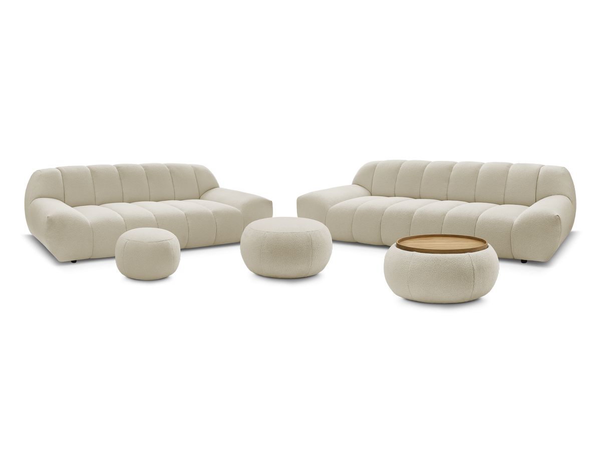 Ensemble canapé droit fixe 3 + 2 places tissu bouclette avec 1 pouf grand avec plateau, 1 pouf grand et 1 pouf petit