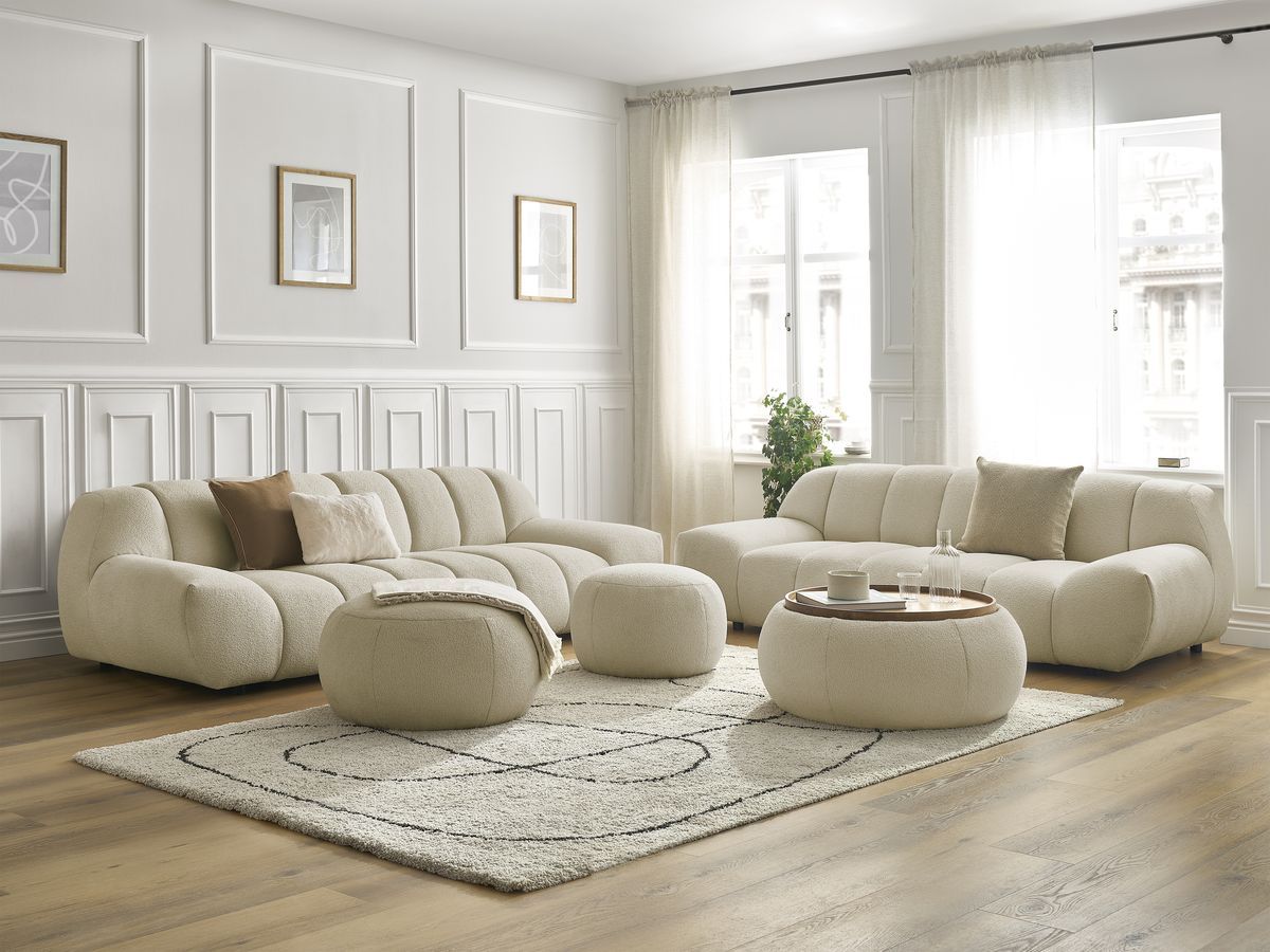 Ensemble canapé droit fixe 3 + 2 places tissu bouclette avec 1 pouf grand avec plateau, 1 pouf grand et 1 pouf petit