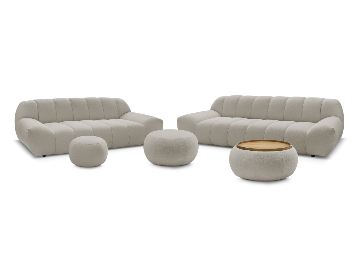 Ensemble canapé droit fixe 3 + 2 places HAYDEN tissu bouclette avec 1 pouf grand avec plateau, 1 pouf grand et 1 pouf petit