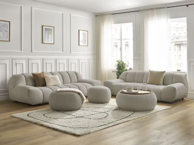 Ensemble canapé droit fixe 3 + 2 places HAYDEN tissu bouclette avec 1 pouf grand avec plateau, 1 pouf grand et 1 pouf petit