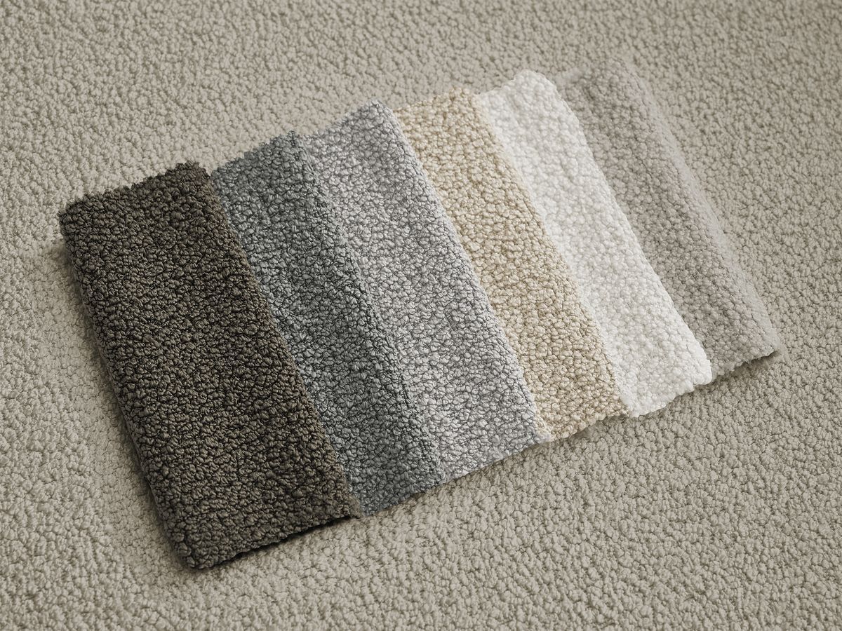 Ensemble canapé droit fixe 3 + 2 places HAYDEN tissu bouclette avec 1 pouf grand avec plateau, 1 pouf grand et taupe   BOBOCHIC - Vue supplémentaire 2