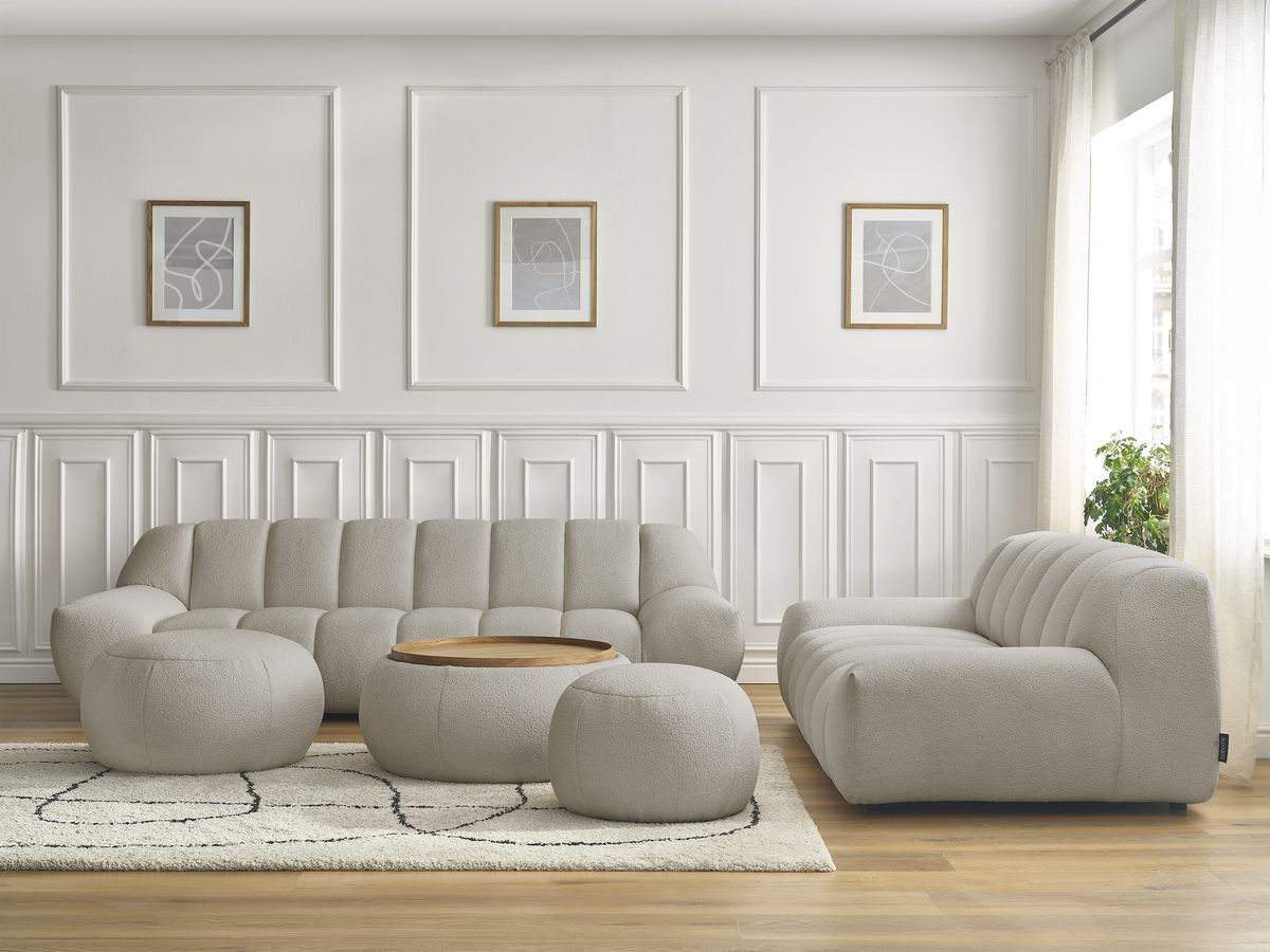 Ensemble canapé droit fixe 3 + 2 places HAYDEN tissu bouclette avec 1 pouf grand avec plateau, 1 pouf grand et taupe   BOBOCHIC - Vue supplémentaire 3