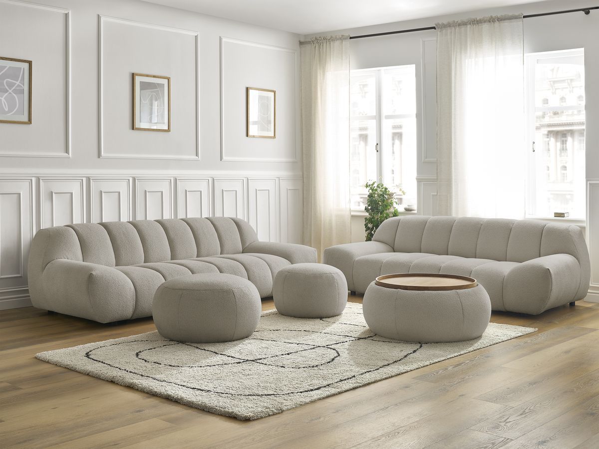 Ensemble canapé droit fixe 3 + 2 places HAYDEN tissu bouclette avec 1 pouf grand avec plateau, 1 pouf grand et 1 pouf petit