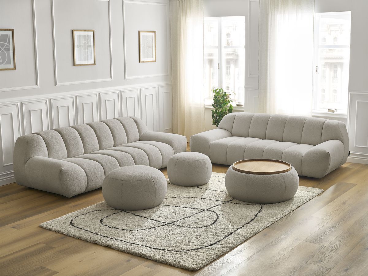 Ensemble canapé droit fixe 3 + 2 places HAYDEN tissu bouclette avec 1 pouf grand avec plateau, 1 pouf grand et 1 pouf petit