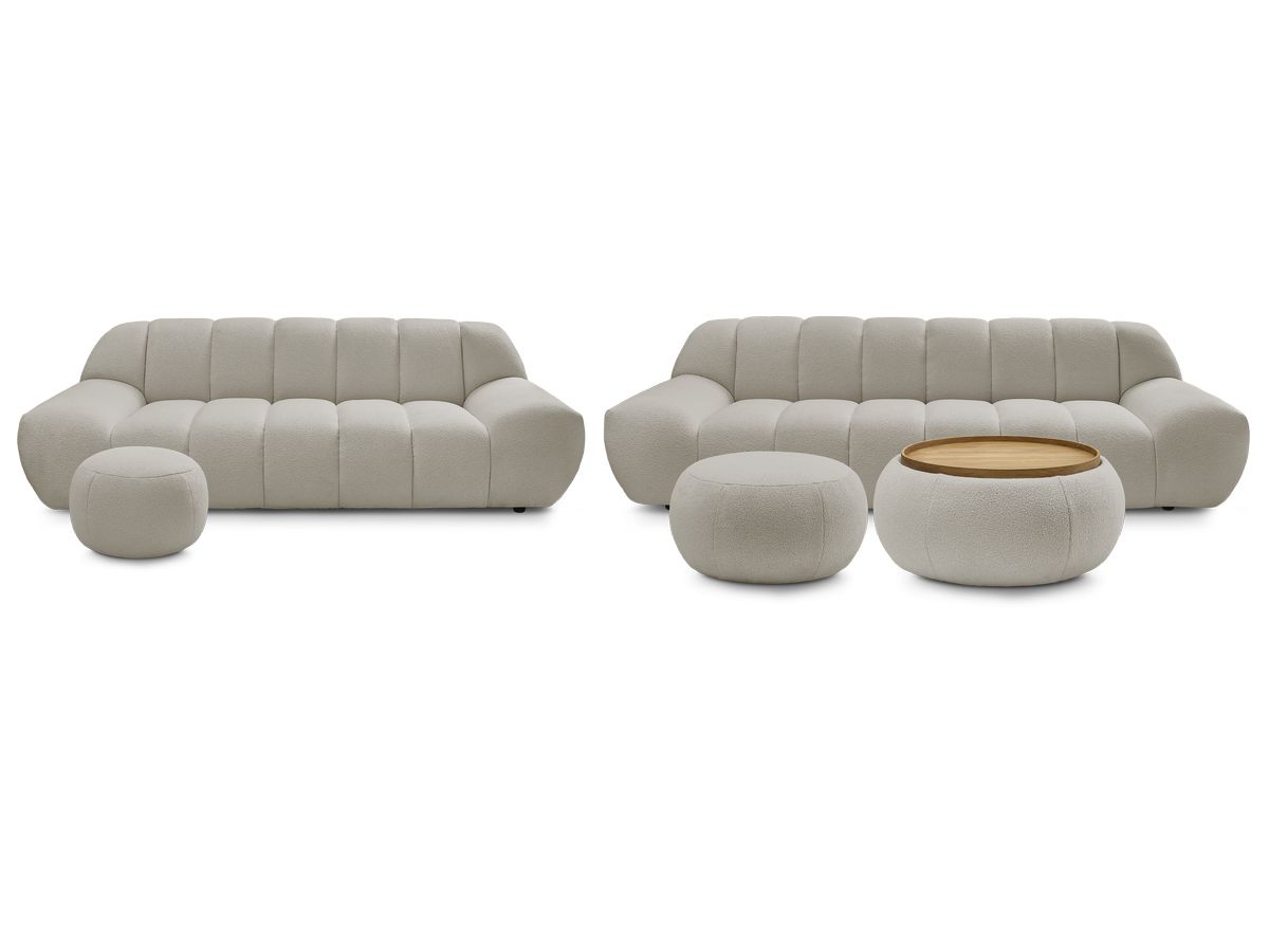 Ensemble canapé droit fixe 3 + 2 places HAYDEN tissu bouclette avec 1 pouf grand avec plateau, 1 pouf grand et 1 pouf petit