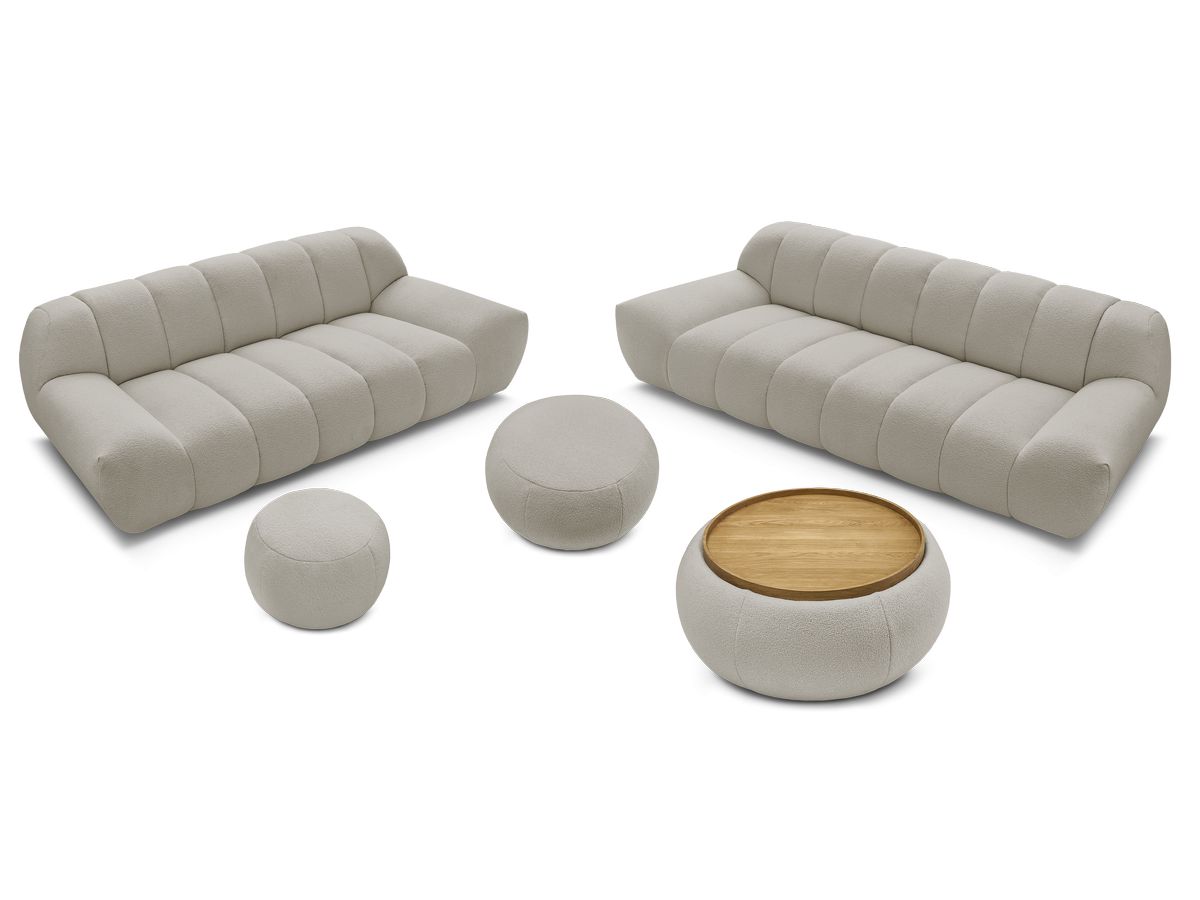 Ensemble canapé droit fixe 3 + 2 places HAYDEN tissu bouclette avec 1 pouf grand avec plateau, 1 pouf grand et 1 pouf petit