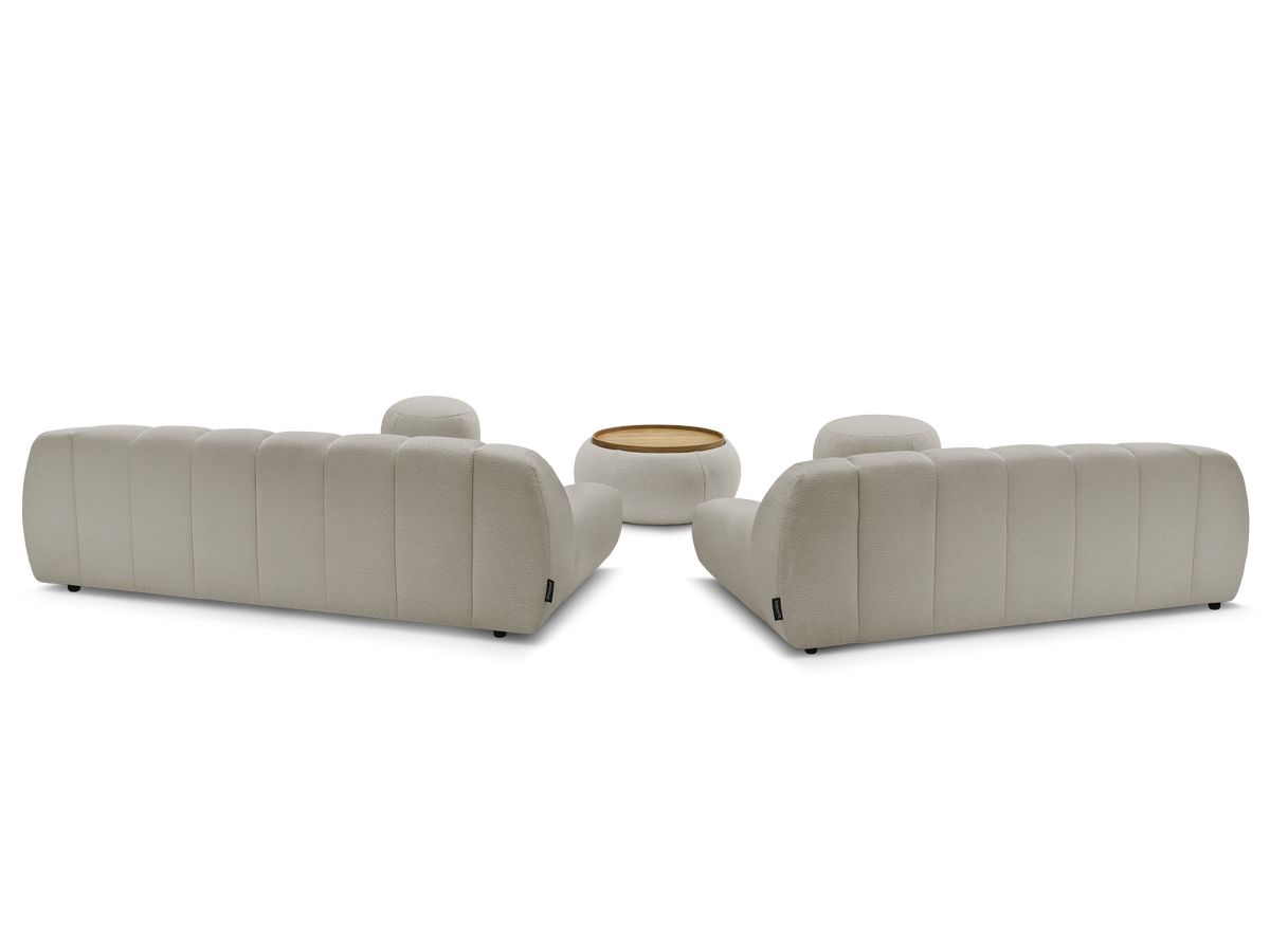 Ensemble canapé droit fixe 3 + 2 places HAYDEN tissu bouclette avec 1 pouf grand avec plateau, 1 pouf grand et 1 pouf petit