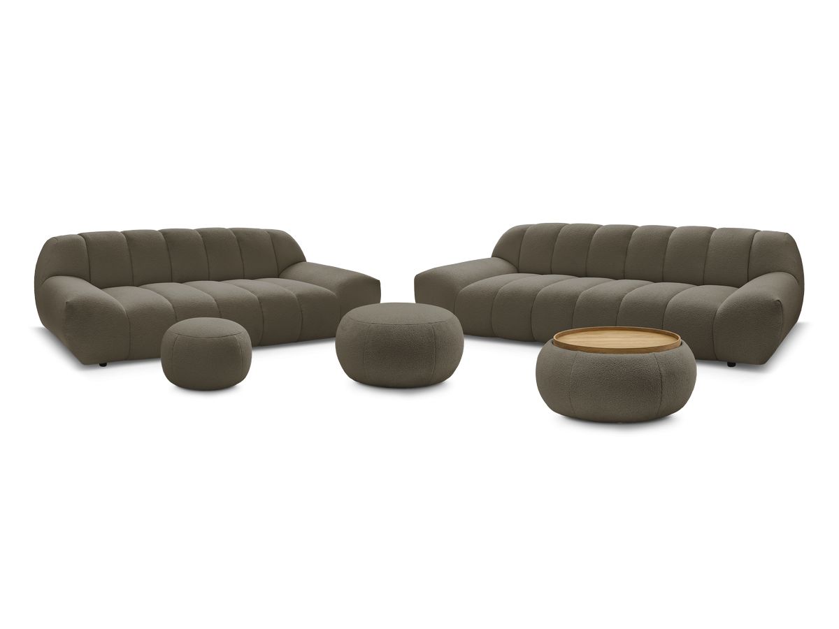 Ensemble canapé droit fixe 3 + 2 places tissu bouclette avec 1 pouf grand avec plateau, 1 pouf grand et 1 pouf petit