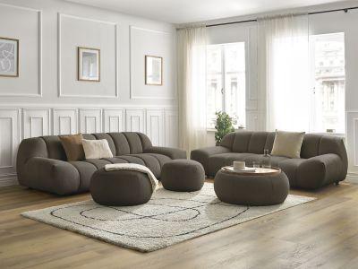 Ensemble canapé droit fixe 3 + 2 places HAYDEN tissu bouclette avec 1 pouf grand avec plateau, 1 pouf grand et 1 pouf petit