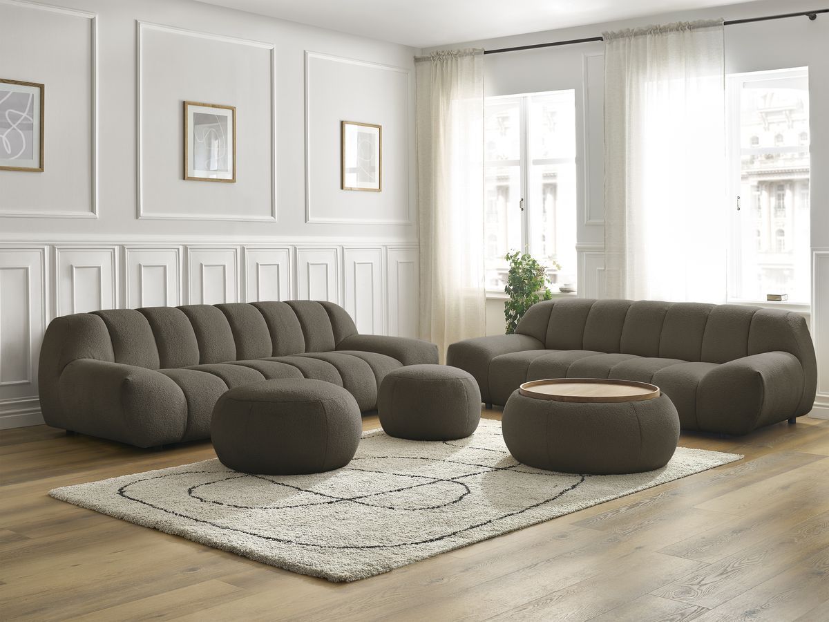 Ensemble canapé droit fixe 3 + 2 places HAYDEN tissu bouclette avec 1 pouf grand avec plateau, 1 pouf grand et 1 pouf petit