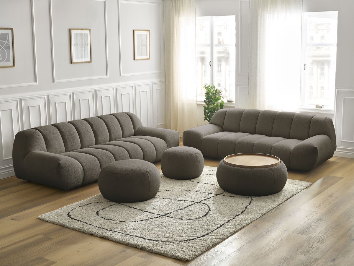 Ensemble canapé droit fixe 3 + 2 places HAYDEN tissu bouclette avec 1 pouf grand avec plateau, 1 pouf grand et 1 pouf petit