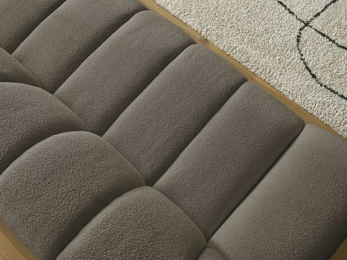 Ensemble canapé droit fixe 3 + 2 places HAYDEN tissu bouclette avec 1 pouf grand avec plateau, 1 pouf grand et 1 pouf petit