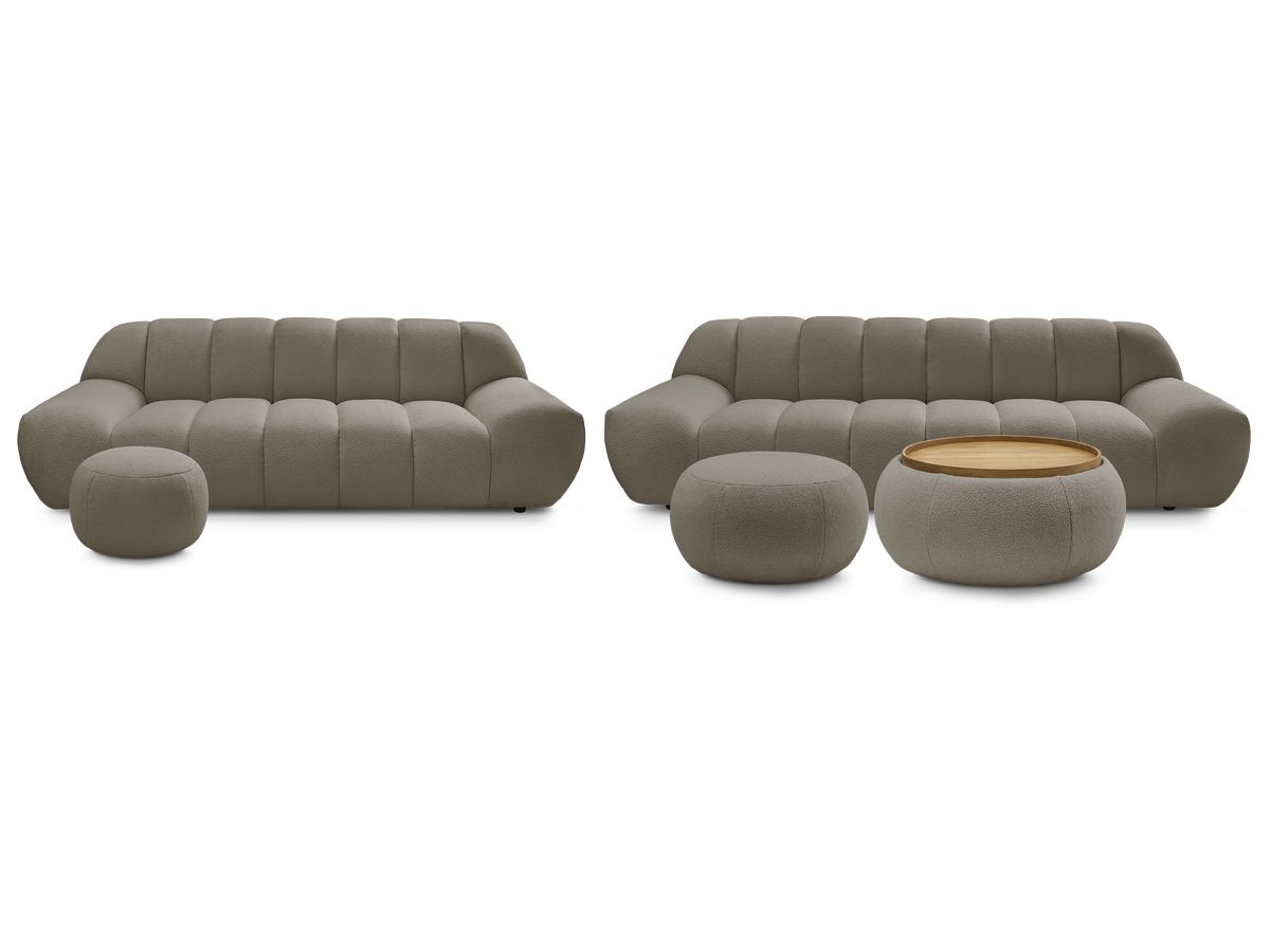 Ensemble canapé droit fixe 3 + 2 places HAYDEN tissu bouclette avec 1 pouf grand avec plateau, 1 pouf grand et 1 pouf petit