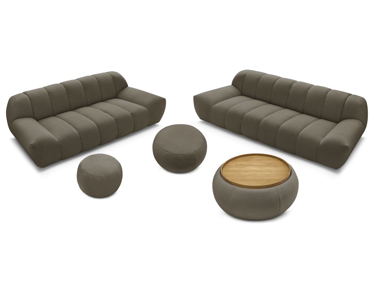 Ensemble canapé droit fixe 3 + 2 places HAYDEN tissu bouclette avec 1 pouf grand avec plateau, 1 pouf grand et 1 pouf petit