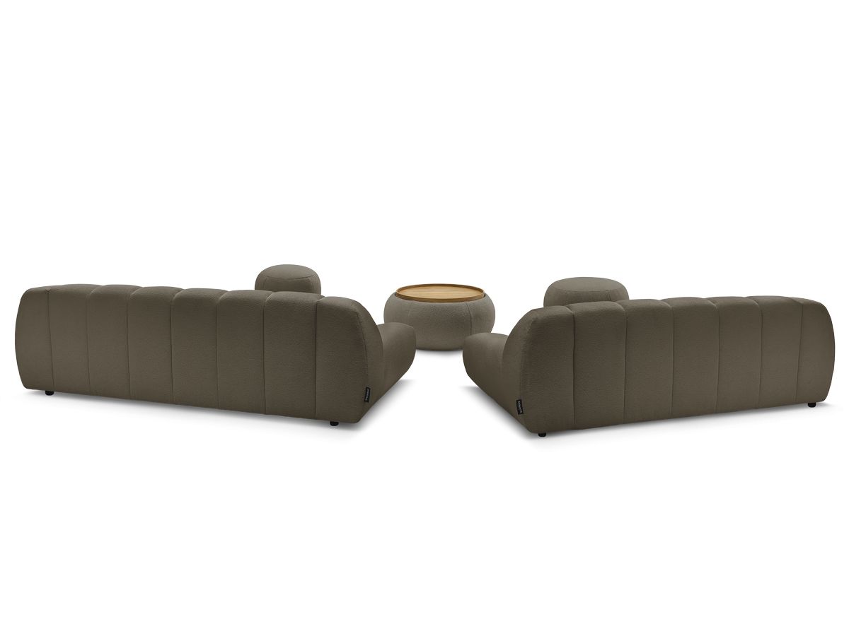 Ensemble canapé droit fixe 3 + 2 places HAYDEN tissu bouclette avec 1 pouf grand avec plateau, 1 pouf grand et 1 pouf petit