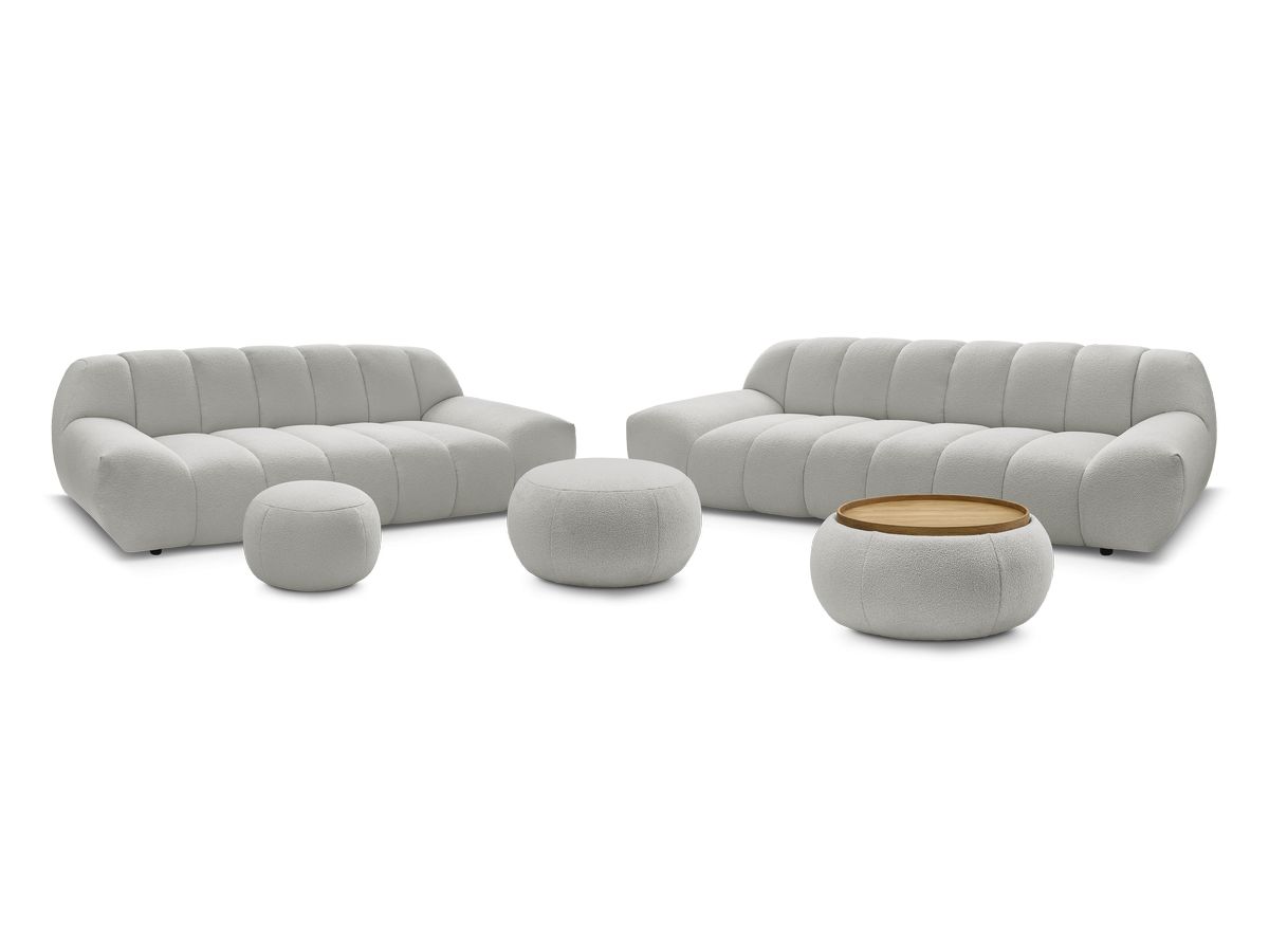 Ensemble canapé droit fixe 3 + 2 places tissu bouclette avec 1 pouf grand avec plateau, 1 pouf grand et 1 pouf petit