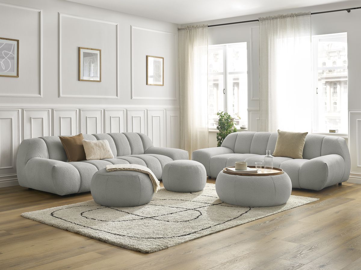 Ensemble canapé droit fixe 3 + 2 places HAYDEN tissu bouclette avec 1 pouf grand avec plateau, 1 pouf grand et 1 pouf petit