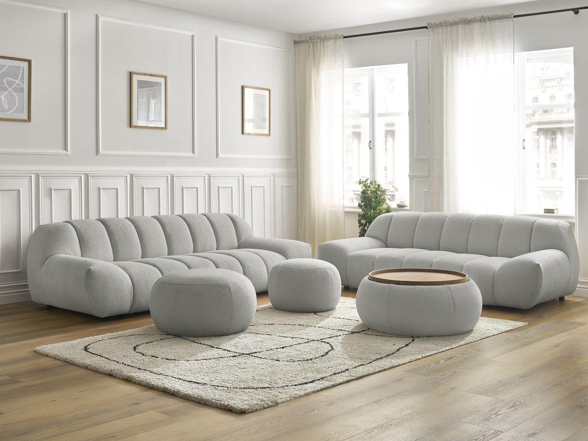 Ensemble canapé droit fixe 3 + 2 places HAYDEN tissu bouclette avec 1 pouf grand avec plateau, 1 pouf grand et 1 pouf petit
