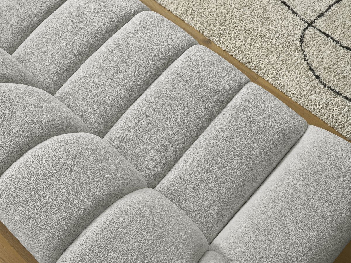 Ensemble canapé droit fixe 3 + 2 places HAYDEN tissu bouclette avec 1 pouf grand avec plateau, 1 pouf grand et 1 pouf petit