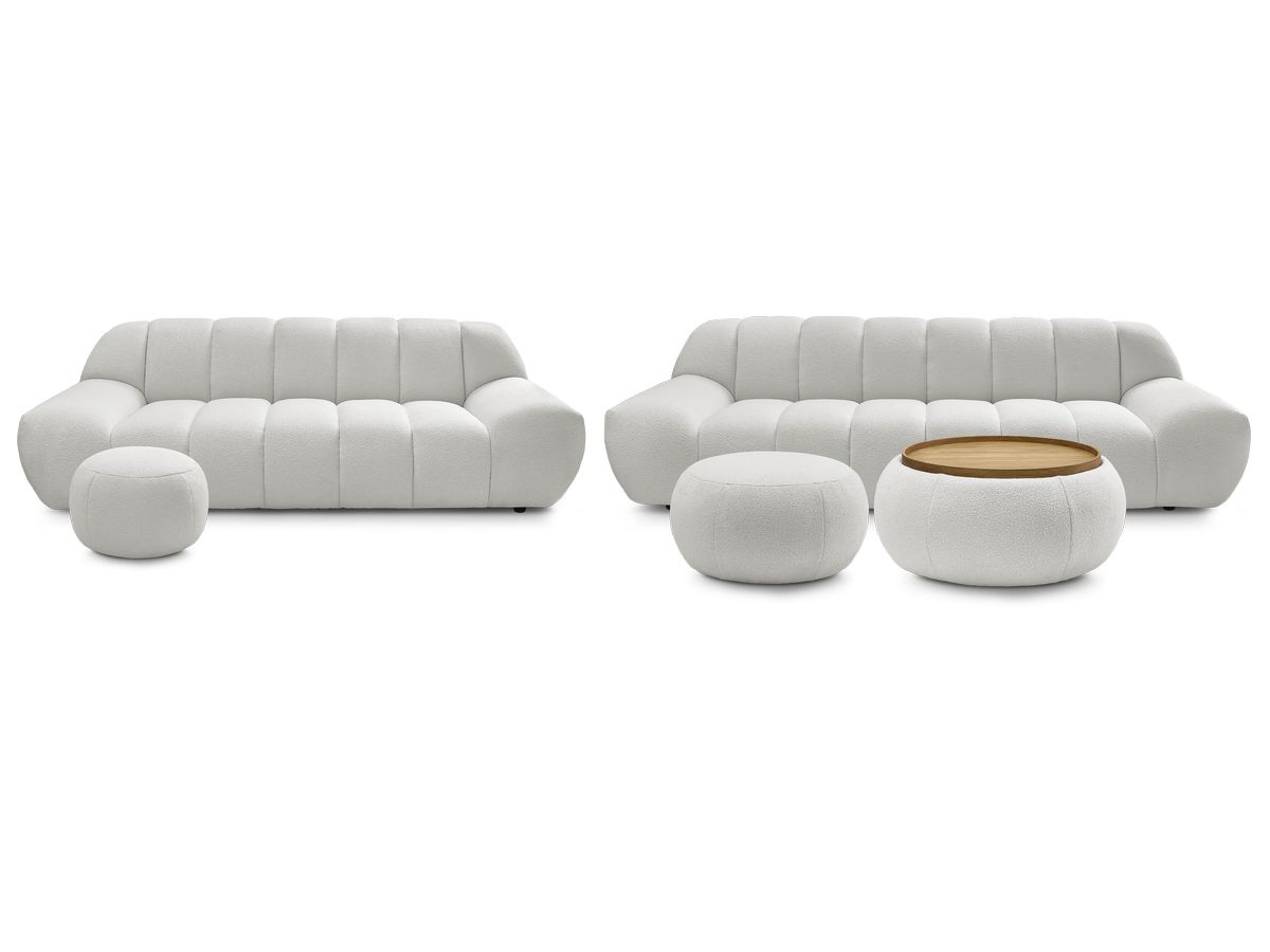 Ensemble canapé droit fixe 3 + 2 places HAYDEN tissu bouclette avec 1 pouf grand avec plateau, 1 pouf grand et 1 pouf petit