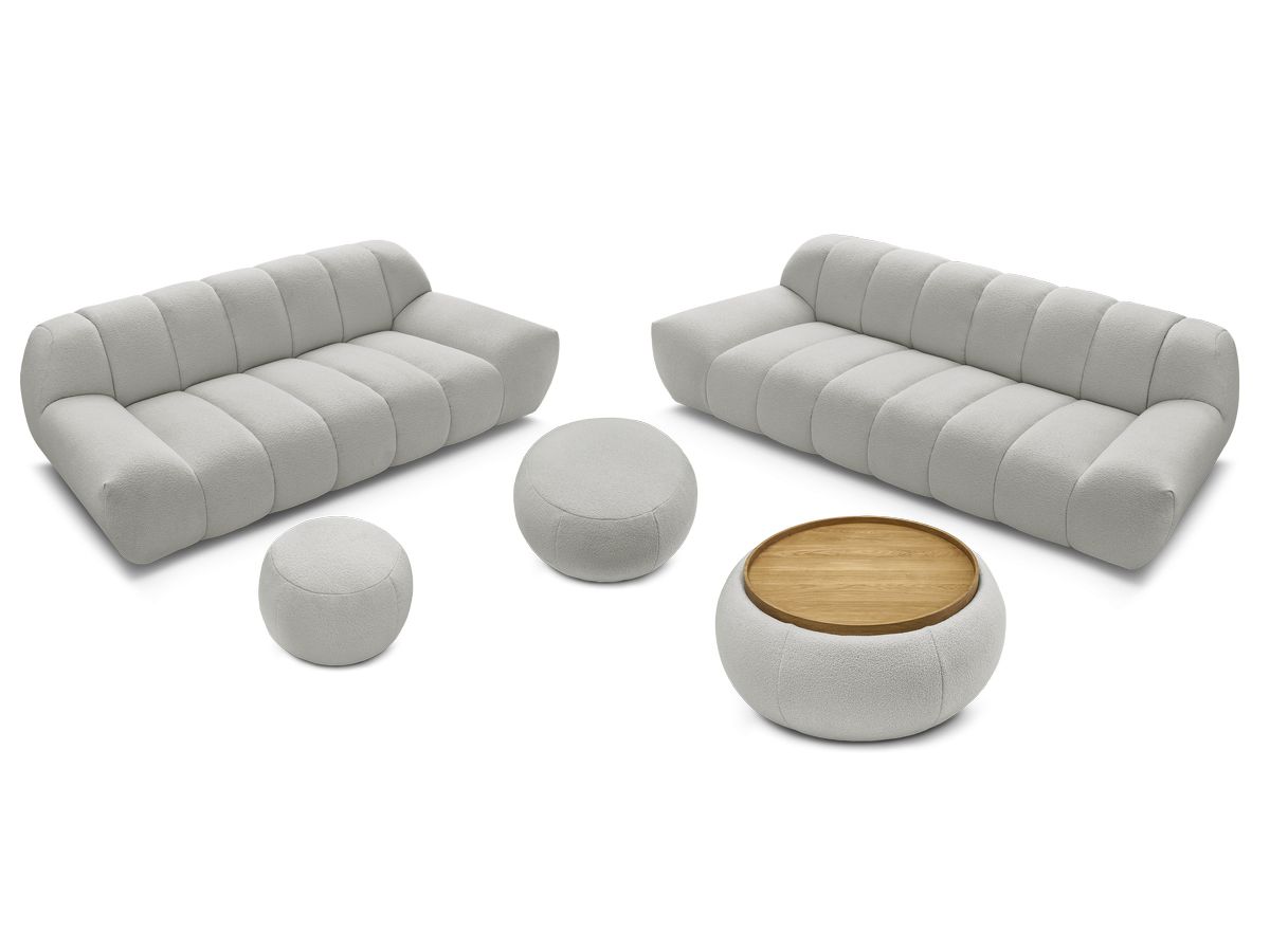 Ensemble canapé droit fixe 3 + 2 places HAYDEN tissu bouclette avec 1 pouf grand avec plateau, 1 pouf grand et 1 pouf petit