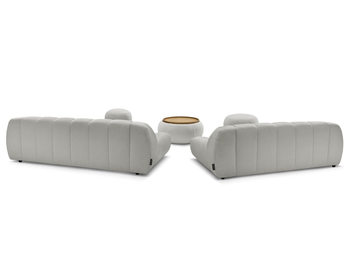 Ensemble canapé droit fixe 3 + 2 places HAYDEN tissu bouclette avec 1 pouf grand avec plateau, 1 pouf grand et 1 pouf petit