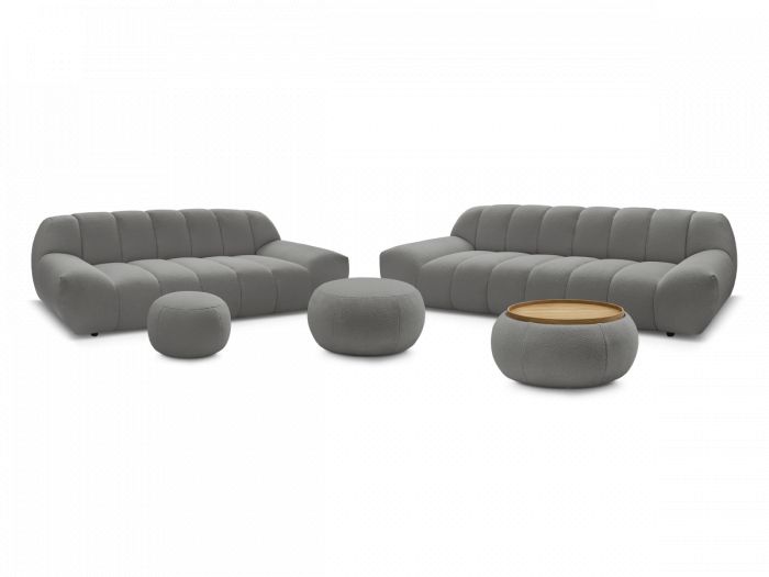 Ensemble canapé droit fixe 3 + 2 places HAYDEN tissu bouclette avec 1 pouf grand avec plateau, 1 pouf grand et 1 pouf petit