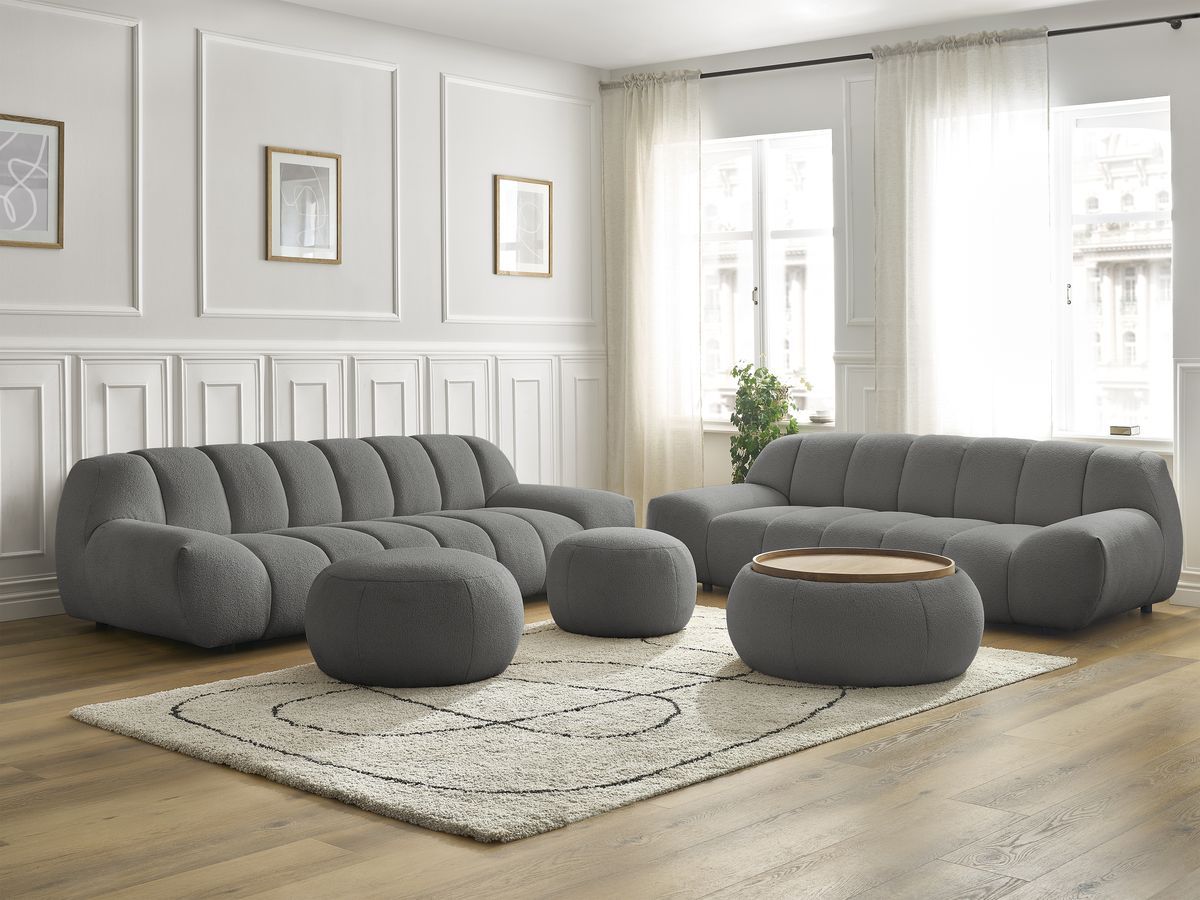 Ensemble canapé droit fixe 3 + 2 places HAYDEN tissu bouclette avec 1 pouf grand avec plateau, 1 pouf grand et 1 pouf petit