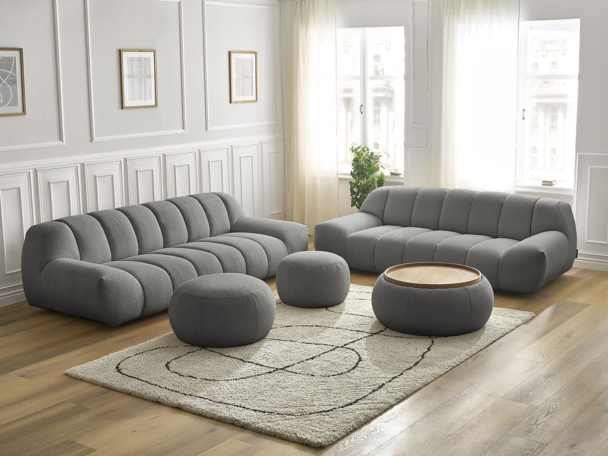 Ensemble canapé droit fixe 3 + 2 places HAYDEN tissu bouclette avec 1 pouf grand avec plateau, 1 pouf grand et 1 pouf petit